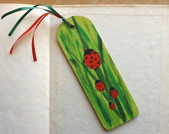 Wood bookmark - Ladybug or Green Clover Leaf, custom laser cut hand painted wooden personalized gift for books lover teacher student