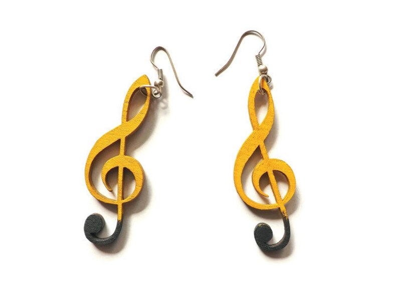 Custom Wood Earrings Violin Clef Hand Painted Laser Cut Funky Etsy