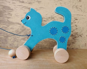 Custom wooden pull toy Cat - Blue Turquoise, hand cut hand-painted wood animal on wheels, personalized with kid's name