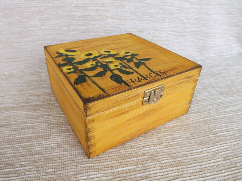 Wood Tea Chest Sunflowers in Brown Custom Handpainted Tea Etsy