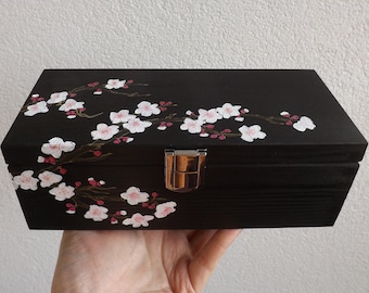 Wooden Tea box with Cherry blossom, hand-paint small chest for jewelry, personalized gift for Tea lover, Tea bags holder organizer