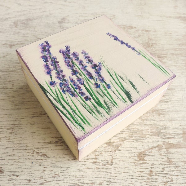 Wood box with Lavender in Ecru, hand-painted customized floral box wooden treasure jewelry chest, wooden keepsake trinket box