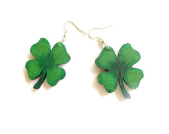 Wooden earrings Clover Marijuana leaf, custom hand-painted laser cut funky dangle earrings for friend, summer wood earrings Green leaves