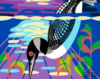 May include: A vibrant, stylized illustration of a loon diving into water under a yellow moon. The artwork features bold colors, including blues, purples, and greens, with the loon's black and white patterned feathers and red eye. The scene evokes a sense of tranquility.
