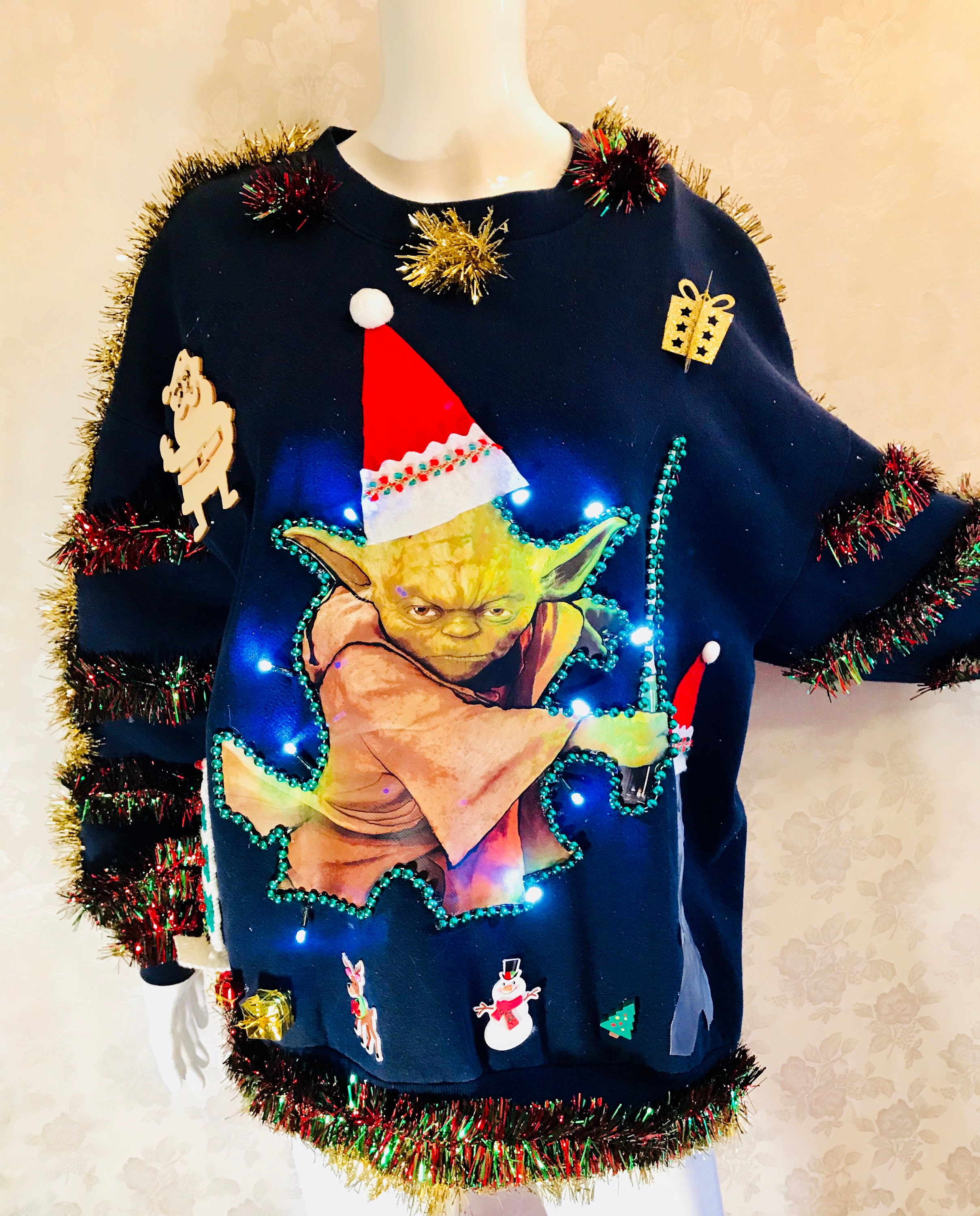 Star Wars Yoda Ugly Christmas Sweater Lights Etsy Star Wars Ugly Christmas Sweaters