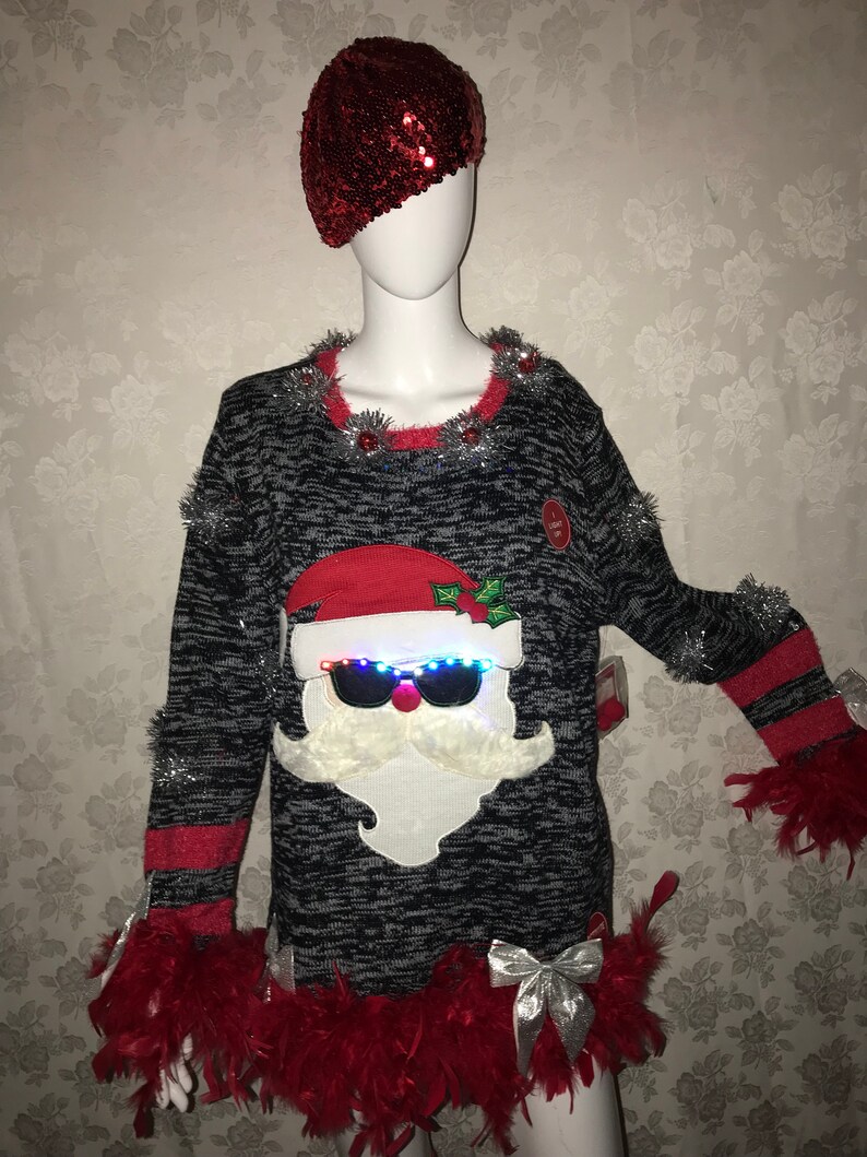 Brand New Sweater Santa Ugly Christmas Sweater with lights and Boas Junior L,XL