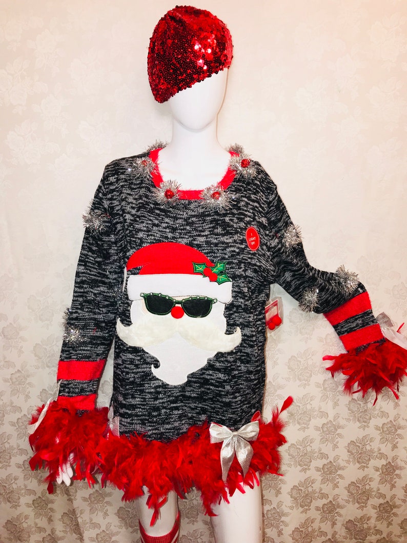 Brand New Sweater Santa Ugly Christmas Sweater with lights and Boas Junior L,XL