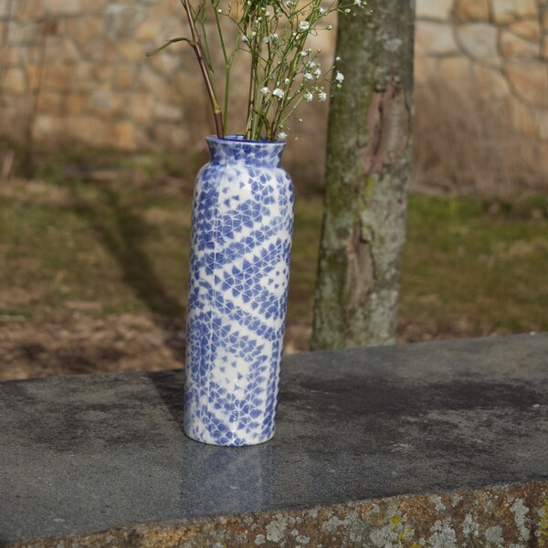 Skinny Blue and White Geometric Vase