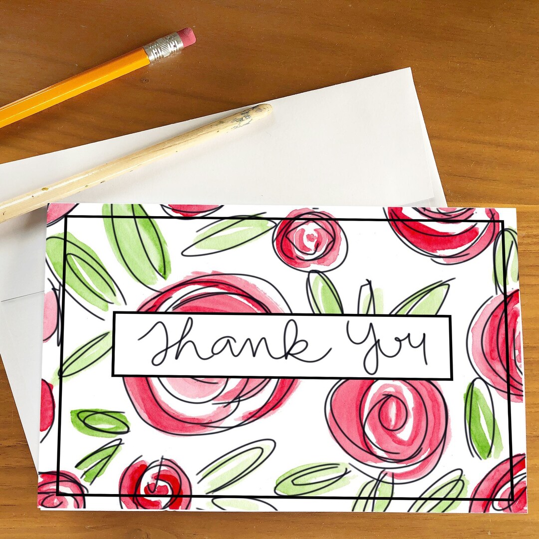 Thank You Card Greeting Card Floral Card Folded 5x7 Watercolor Printed ...