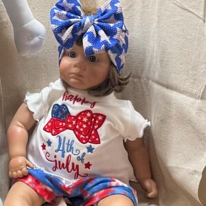 Baby&#39;s 4th of July Outfit 3-6 Months | Handmade Shirt and Shorts | Embroidered Details | Bow Headwrap