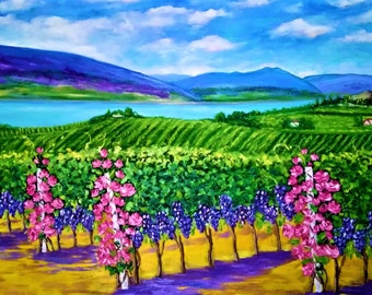 Vineyards in Okanagan valley. Original oil painting on canvas 30x40in. Impasto. By Olga Shur
