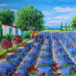 May include: A painting of a white house with a red roof and blue windows, surrounded by green trees and a field of purple lavender flowers.