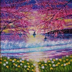 Georgian Bay sunset. Original oil painting on canvas 30x30in. Impasto. By Olga Shur