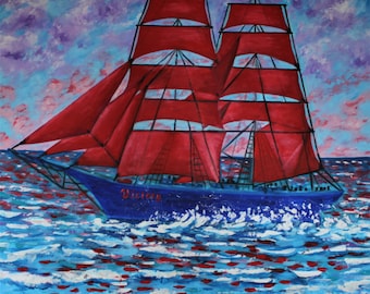 Red sails. Original painting. Seascape. Nautical. Wall art.