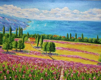 Original oil painting  24x48in. Large painting. Landscape. Irises in Tuscany. Impasto. By Olga Shur