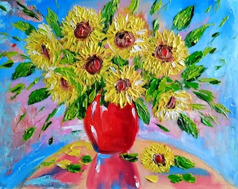 Sunflowers in vase. Original oil painting on canvas board 11x14in. Floral. Impasto. By Olga Shur