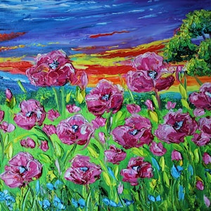 Sunset over  pink poppies field. Original oil painting . Impasto. Landscape.