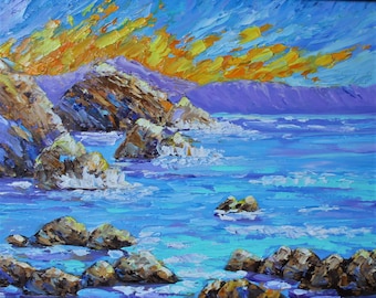 Coucher de soleil sur la mer. Peinture à l'huile originale. Paysage marin.