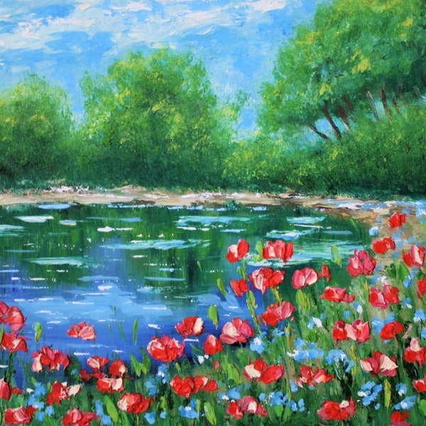 Original oil painting on canvas board11x14in. Flowers near the pond. Landscape. Impasto. By Olga Shur