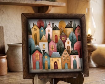Framed Whimsical Village Art Print | Colorful Cottage Wall Decor, Easel Sign