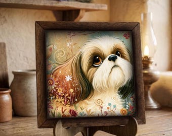 Framed Shih Tzu Art Print | Whimsical Dog Wall Decor, Easel Sign For Dog Lovers