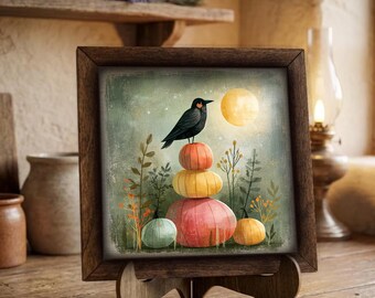 Framed Crow & Pumpkins Art Print | Autumn Folk Art Easel Sign