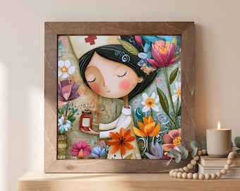 Nurse Wood Sign | Freestanding Shelf Sitter & Wall Art | Whimsical Medical Decor | Nurse Appreciation Gift | Floral Portrait Art