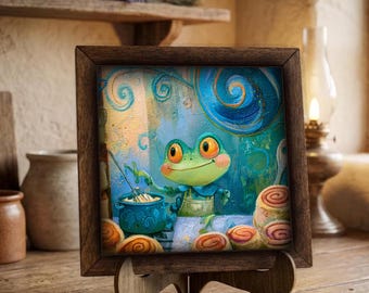 Framed Frog Baker Art Print | Whimsical Kitchen Wall Decor (Easel Included) | Gift for Frog Lover | Tiered Tray Decor | Gift for Baker