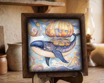 Framed Whale Airship Art Print | Whimsical Fantasy Wall Decor, Easel Sign