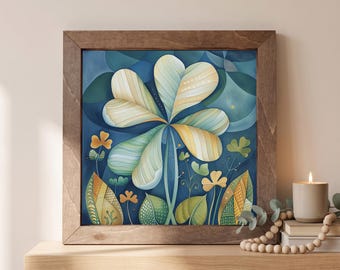 Four Leaf Clover Wood Sign | Freestanding Shelf Sitter & Wall Art | Whimsical Botanical Decor | Lucky Charm Gift | Teal Sage Gold Art