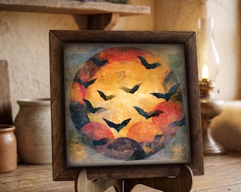 Framed Bat Moon Art Print | Vintage Halloween Wall Decor, Easel Sign