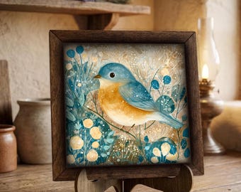 Framed Blue Bird Art Print | Whimsical Botanical Wall Decor, Easel Sign