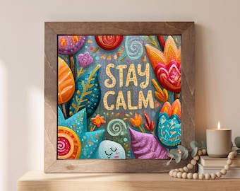 Stay Calm Wood Sign | Freestanding Shelf Sitter & Wall Art | Whimsical Floral Decor | Inspirational Gift | Calming Botanical Art