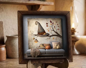 Framed Witch Hat Art Print | Autumn Halloween Wall Decor, Easel Sign