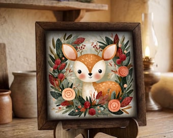 Framed Baby Deer Art Print | Woodland Floral Nursery Decor, Easel Sign
