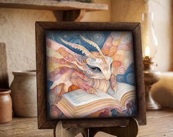 Framed Dragon Art Print | Whimsical Fantasy Wall Decor, Easel Sign