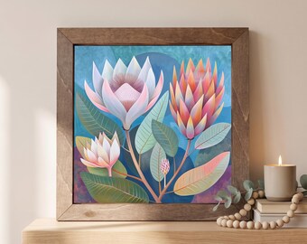 King Protea Wood Sign | Freestanding Shelf Sitter & Wall Art | Tropical Floral Decor | Flower Lover Gift | Bold Botanical Art