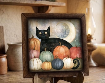 Framed Black Cat Pumpkin Art Print | Autumn Halloween Wall Decor, Easel Sign