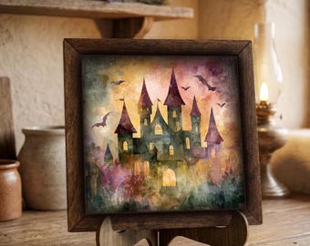 Framed Gothic Castle Art Print | Whimsical Halloween Wall Decor, Easel Sign