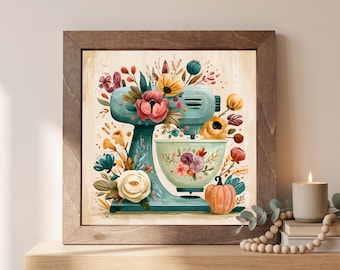 Floral Mixer Wood Sign | Freestanding Shelf Sitter & Wall Art | Farmhouse Kitchen Decor | Baker Gift | Floral Shelf Art