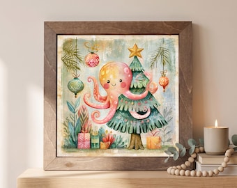 Christmas Octopus Wood Sign | Freestanding Shelf Sitter & Wall Art | Holiday Coastal Decor | Christmas Gift | Ocean Shelf Art