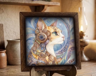Framed Steampunk Cat Art Print | Whimsical Clockwork Wall Decor, Easel Sign