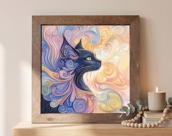 Mystical Cat Wood Sign | Freestanding Shelf Sitter & Wall Art | Whimsical Swirl Decor | Cat Lover Gift | Celestial Shelf Art