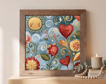Framed Sun & Heart Art Print | Whimsical Floral Wall Decor, Easel Sign