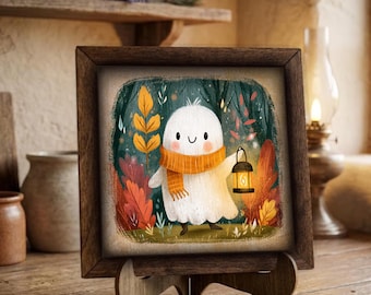 Framed Ghost Art Print | Autumn Woodland Wall Decor, Easel Sign