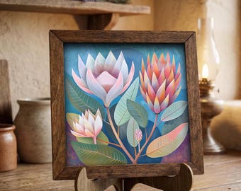 King Protea Framed Art Print | Tropical Floral Wall Decor, Easel Sign