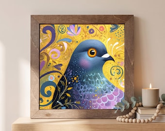 Pigeon Wood Sign | Freestanding Shelf Sitter & Wall Art | Colorful Folk Art Decor | Bird Lover Gift | Whimsical Shelf Art