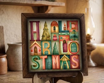 Happy Holidays Framed Art Print | Whimsical Christmas Village Easel Sign