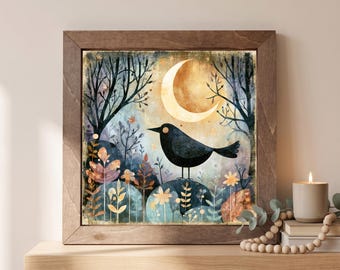 Framed Bird & Moon Art Print | Whimsical Nature Wall Decor, Easel Sign