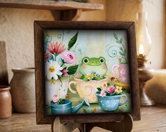 Framed Frog In Teacup Art Print | Whimsical Floral (Easel Included)